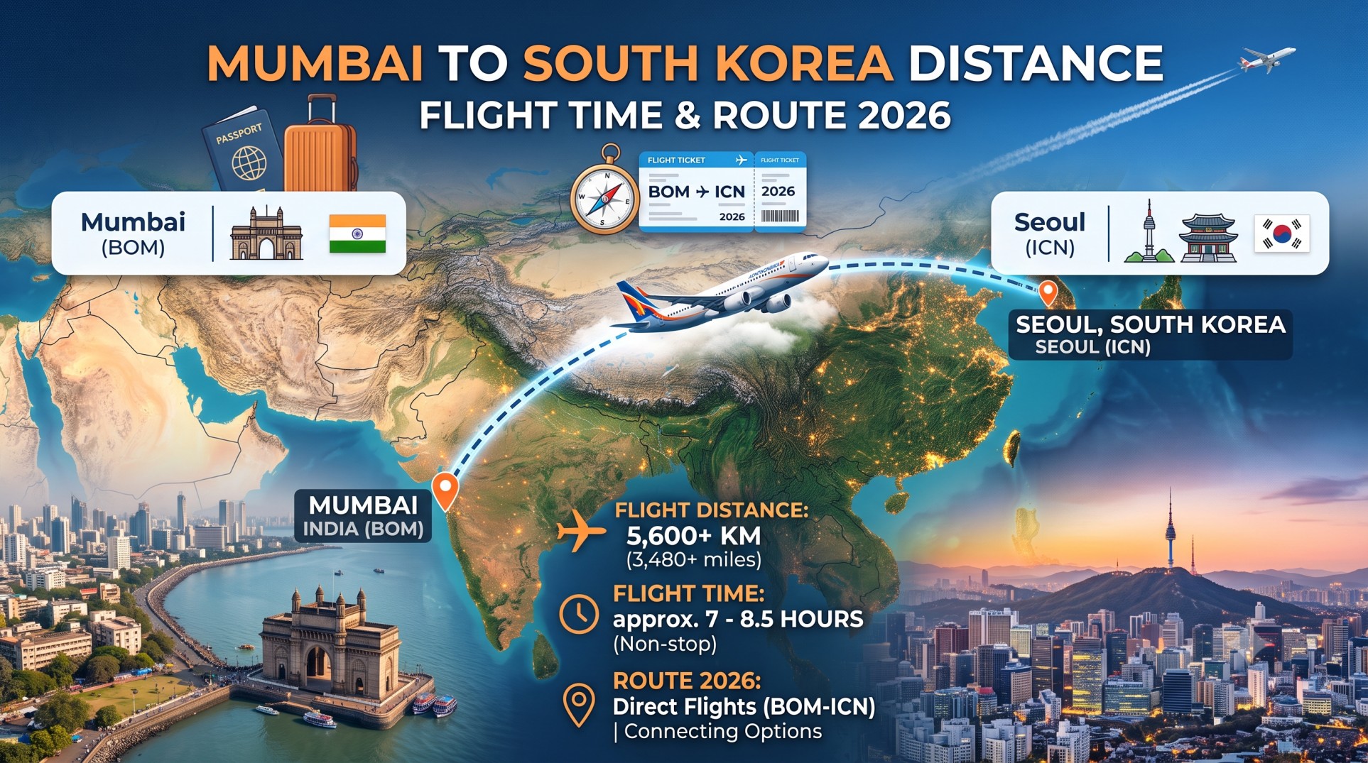 Mumbai to South Korea Distance: Flight Time & Route 2026