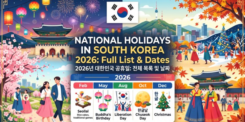 National Holidays in South Korea 2026: Full List, Dates & Travel Tips If you are planning to study, work, or travel in Korea, knowing the national holidays in South Korea is one of the most practical things you can do before you book a ticket or sign a lease. Offices, banks, government counters, and many restaurants close on these days. Trains sell out weeks in advance. Whole cities empty out, then refill within 48 hours. This guide covers every South Korea public holiday, the exact 2026 dates, the rules for substitute holidays, and the practical tips that Indian students and travelers actually need. It also explains what each Korean holiday means, so you understand the culture behind the day off and not only the date on the calendar. Quick answer: In 2026, the national holidays in South Korea are New Year's Day, Seollal (Lunar New Year), Independence Movement Day, Labor Day, Children's Day, Buddha's Birthday, Memorial Day, Constitution Day, Liberation Day, Chuseok, National Foundation Day, Hangeul Day, and Christmas. Several fall on weekends, so the government adds substitute days off. Table of Contents South Korea Public Holidays 2026 at a Glance What Is New in the South Korea Holiday Calendar for 2026 Complete List of National Holidays in South Korea Explained How Substitute Holidays Work in South Korea Seollal and Chuseok: The Two Biggest Korean Holidays Korean Holidays vs Indian Holidays: Key Differences Travel Tips for Visiting South Korea During National Holidays Holiday Guide for Indian Students in South Korea Working in South Korea: Holidays and Paid Leave Best Time to Visit South Korea Around the Holiday Calendar Frequently Asked Questions About South Korea National Holidays Final Thoughts South Korea Public Holidays 2026 at a Glance The table below is your quick South Korea holiday calendar for 2026. Lunar holidays such as Seollal, Buddha's Birthday, and Chuseok move every year, while solar holidays stay on fixed dates. Holiday Korean Name 2026 Date Type New Year's Day 신정 (Sinjeong) Thursday, January 1 Solar Seollal (Lunar New Year) 설날 February 16 to 18 Lunar, 3 days Independence Movement Day 삼일절 (Samiljeol) Sunday, March 1 (substitute: Monday, March 2) Solar Labor Day 노동절 Friday, May 1 Solar, new public holiday in 2026 Children's Day 어린이날 Tuesday, May 5 Solar Buddha's Birthday 부처님 오신 날 Sunday, May 24 (substitute: Monday, May 25) Lunar Local Election Day (one-off) 지방선거일 Wednesday, June 3 One-time Memorial Day 현충일 (Hyeonchung-il) Saturday, June 6 Solar Constitution Day 제헌절 (Jeheonjeol) Friday, July 17 Solar, reinstated in 2026 Liberation Day 광복절 (Gwangbokjeol) Saturday, August 15 (substitute: Monday, August 17) Solar Chuseok (Korean Thanksgiving) 추석 September 24 to 26 Lunar, 3 days National Foundation Day 개천절 (Gaecheonjeol) Saturday, October 3 (substitute: Monday, October 5) Solar Hangeul Day 한글날 Friday, October 9 Solar Christmas Day 성탄절 Friday, December 25 Solar Holiday rules can be updated by the Korean government. Always confirm final dates with official sources before booking time-sensitive travel. What Is New in the South Korea Holiday Calendar for 2026 2026 is an unusual year for Korean public holidays, and older blog posts and printed calendars are already out of date. Two changes matter most. Labor Day (May 1) is now a public holiday for everyone. Before 2026, May 1 was a paid day off mainly for employees covered by the Labor Standards Act. Civil servants and teachers, who fall outside that law, usually worked. From 2026, the day off applies much more broadly. Constitution Day (July 17) returned as a public holiday. It was removed from the official day-off list in 2008 when the five-day work week was introduced, and it stayed only as a commemorative day for 18 years. In 2026 it came back, which means all five of Korea's major national days (Independence Movement Day, Constitution Day, Liberation Day, National Foundation Day, and Hangeul Day) are now public holidays. The 2026 calendar also includes a one-off holiday on June 3 for the nationwide local elections. Complete List of National Holidays in South Korea Explained Here is what each holiday means, how Koreans observe it, and what it changes for you on the ground. New Year's Day (January 1) New Year's Day is the quiet cousin of Seollal. Koreans mark the solar new year with sunrise trips to the east coast, mostly to Jeongdongjin and Homigot, and many people eat tteokguk (rice cake soup) even though that dish traditionally belongs to Seollal. It is a single-day holiday, and it is one of only two holidays that do not receive a substitute day when they land on a weekend. Seollal: Korean Lunar New Year (February 16 to 18, 2026) Seollal is the biggest family holiday of the year. Families gather, perform ancestral rites (charye), wear hanbok, play games like yutnori, and children bow to elders to receive pocket money called sebaetdon. The holiday runs for three days, covering the day before, the day itself, and the day after. Seollal lands in the coldest part of winter, so if you are planning a trip around it, read our guide to the South Korea winter season for clothing, weather, and festival advice. In 2027, Seollal falls from February 6 to 9, including a substitute day. Independence Movement Day (March 1) Known as Samiljeol, this holiday commemorates the nationwide, peaceful protest against Japanese colonial rule that began on March 1, 1919. Ceremonies are held in Seoul, and the national flag (Taegukgi) is displayed from homes and public buildings. In 2026 the date fell on a Sunday, so Monday, March 2 became the substitute holiday. March also marks the start of the Korean academic year, so this holiday often lands in the first week of class for new students. If you are arriving in spring, our spring in South Korea guide explains the weather, cherry blossom timing, and what campus life looks like. Labor Day (May 1) Labor Day is the newest addition to the universal public holiday list. Before 2026 many public-sector employees worked through it. Now banks, schools, and government offices are far more likely to close. If you are planning to work in South Korea, this is a useful change to know about, since it adds a guaranteed day off to your yearly schedule. Children's Day (May 5) Children's Day, or Eorininal, began in 1922 when a group led by Bang Jeong-hwan declared a day to honor children's dignity and happiness. It became a public holiday in 1975. Parents take their kids to amusement parks, zoos, museums, and outdoor festivals, so popular attractions get very crowded. If you want to avoid the rush but still explore, browse our list of must-visit places in South Korea and pick lesser-known spots for that day. Buddha's Birthday (8th Day of the 4th Lunar Month) Buddha's Birthday, called Bucheonnim Osinnal, falls on May 24 in 2026 and May 13 in 2027. Temples across the country hang colorful lanterns, and Seoul hosts the Lotus Lantern Festival with a large evening parade. Many temples serve free vegetarian meals and offer temple experiences for visitors. To understand how Buddhism and other traditions shape daily life, explore our overview of K-culture. Memorial Day (June 6) Memorial Day, or Hyeonchung-il, honors soldiers and independence fighters who gave their lives for the country. At 10 a.m. a siren sounds nationwide, and people observe one minute of silence. The flag is flown at half-mast, and the main ceremony is held at the Seoul National Cemetery. It is a solemn day, not a festive one, so keep your behavior respectful in public spaces. For the history, customs, and etiquette in detail, read our full guide to Memorial Day in South Korea. Memorial Day is one of the two holidays that do not get a substitute day. In 2026 it fell on a Saturday, so no extra weekday off was added. Constitution Day (July 17) Constitution Day, or Jeheonjeol, marks the promulgation of the Republic of Korea's constitution on July 17, 1948. It was a public holiday from 1949, was dropped from the day-off list in 2008, and returned in 2026. The main ceremony is normally held in Seoul, close to the legislature. To learn how that institution works, see our guide to the National Assembly of South Korea, and for the wider picture of how the country is governed, read whether South Korea is a democracy. Liberation Day (August 15) Liberation Day, or Gwangbokjeol, celebrates the end of Japanese colonial rule in 1945 and the founding of the Korean government on the same date in 1948. The word Gwangbok means "restoration of light." The president delivers a speech, the flag is displayed everywhere, and the date is also a strong reminder that India and Korea share an independence day on August 15. If that connection interests you, read about the shared freedom history of South Korea and India, or explore the Gwangbokjeol guide for the ceremonies and history behind the day. In 2026 August 15 fell on a Saturday, so Monday, August 17 became the substitute holiday. Chuseok: Korean Thanksgiving (September 24 to 26, 2026) Chuseok, on the 15th day of the 8th lunar month, is the harvest festival and the second major family holiday. Families visit ancestral hometowns, honor ancestors, and share songpyeon (half-moon rice cakes), jeon (savory pancakes), and fresh fruit. The main day of Chuseok in 2026 was September 25, with the day before and after also off. In 2027 it runs from September 21 to 23. If you are planning a Chuseok trip in a future year, book travel early. Our guide to India to South Korea ticket prices covers how fares change around peak periods. If a Korean friend invites you home for the holiday, read up on K-manners first, especially gift-giving and table etiquette. National Foundation Day (October 3) National Foundation Day, or Gaecheonjeol, means "the day the heavens opened." It celebrates the legendary founding of the first Korean kingdom, Gojoseon, by Dangun, traditionally dated to 2333 BCE. Ceremonies take place at Mount Manisan on Ganghwa Island and in Seoul. In 2026 October 3 fell on a Saturday, so Monday, October 5 became the substitute holiday. To understand the modern political and cultural gap on the peninsula that grew from this shared history, see our guide to differences between South Korea and North Korea. Hangeul Day (October 9) Hangeul Day celebrates the promulgation of Hangeul, the Korean alphabet, by King Sejong the Great in 1446. Koreans take great pride in it because it was designed to be simple enough for anyone to learn. Museums, cultural centers, and universities run calligraphy workshops and exhibitions. For international students, it is also a good reminder to start learning the language, and our K-Courses page is a good place to begin. Christmas Day (December 25) Christmas is a public holiday in South Korea, and it feels more like a couples' and friends' day than a family one. Cities light up, cafes decorate heavily, and restaurants fill with reservations. If you spend December in Seoul, use our Seoul travel guide to plan neighborhoods, sights, and winter activities. How Substitute Holidays Work in South Korea A substitute holiday (daechae gonghyuil) gives you a weekday off when a public holiday lands on a weekend or overlaps another holiday. The rule applies to Seollal, Chuseok, Children's Day, Buddha's Birthday, Independence Movement Day, Liberation Day, National Foundation Day, Hangeul Day, and Christmas. New Year's Day and Memorial Day are excluded. In 2026 the substitute days were: Monday, March 2, replacing Independence Movement Day (Sunday, March 1) Monday, May 25, replacing Buddha's Birthday (Sunday, May 24) Monday, August 17, replacing Liberation Day (Saturday, August 15) Monday, October 5, replacing National Foundation Day (Saturday, October 3) For Seollal and Chuseok, a substitute day is granted mainly when the holiday overlaps a Sunday or another holiday. That is why Chuseok 2026, which ran Thursday to Saturday, did not receive an extra Monday. Substitute days create three-day weekends, and those weekends are the most popular times for domestic tourism. Expect full expressways and sold-out KTX seats. Seollal and Chuseok: The Two Biggest Korean Holidays These two holidays behave differently from every other day on the calendar, so they deserve a separate look. Transport is the main challenge. Millions of people travel to their hometowns at once. Intercity trains, express buses, and domestic flights can sell out within minutes of opening. Reserve four to six weeks ahead if you must travel. Cities go quiet. Seoul feels emptier than usual. Some small shops, traditional markets, and family restaurants close for one to three days. Convenience stores, large restaurants, department stores, and major tourist sites usually stay open, but check hours before you go. Expect a warm cultural moment. Hanbok appear on the streets, cultural performances are held at palaces and folk villages, and special food stalls appear. For visitors, this is one of the best times to experience Korean culture, as long as you plan transport and meals in advance. Prices move. Domestic flights, hotels in tourist areas like Jeju, and rental cars all rise in price. Hotels in Seoul itself can sometimes get cheaper, since many domestic visitors leave the city. Korean Holidays vs Indian Holidays: Key Differences Indian students and travelers often ask how the Korean calendar compares with what they know at home. Festivals of lights and colors are not public holidays. Diwali, Holi, and Eid are not national holidays in Korea. Indian communities in cities like Seoul and Busan often hold their own celebrations, but offices and classes run as normal. The lunar calendar is important in both countries. Like many Indian festivals, Seollal, Buddha's Birthday, and Chuseok move each year because they follow the lunar calendar. Independence Day shares a date. Both India and Korea celebrate national independence on August 15, although the historical stories are different. Korean holidays are family-centered and travel-heavy. Seollal and Chuseok involve a mass movement of people, similar in scale to travel before Diwali or Eid in India. Substitute days are a formal legal system. India has no equivalent rule that shifts a weekend holiday to a Monday, so this can surprise new arrivals. If you are still adjusting to the wider rhythm of daily life, our guide to life in South Korea for Indians and students covers food, transport, housing, and cultural habits. Travel Tips for Visiting South Korea During National Holidays A holiday can improve a trip or complicate it. These steps help you get the good version. Sort your paperwork first. Embassies, consulates, and immigration offices close on public holidays, so apply early. Read our guide to the South Korea visa for Indian passport holders so you do not run into a closure at the wrong moment. Book flights early. Peak holiday dates push fares up. Compare routes and timing before you buy. Book accommodation early too. Hotels near major sights and on Jeju fill quickly. Our South Korea hotel booking guide explains what to look for, and budget travelers can check our South Korea guest house guide. Carry cash and a card. Traditional markets and small shops sometimes prefer cash. Learn the basics of the currency of South Korea before you land. Build a flexible itinerary. Use our 7-day South Korea itinerary as a base, then swap in indoor stops if a holiday crowd is too heavy at an outdoor site. Check opening hours. Museums, palaces, and small restaurants may change their schedules on holidays. Use convenience stores as a backup. They stay open almost everywhere and sell hot meals, drinks, and basic supplies. Holiday Guide for Indian Students in South Korea If you study in Korea, the holiday calendar affects more than your free time. Classes and exams. Universities plan their calendars around national holidays. Seollal falls during winter break at most schools, while Chuseok usually lands in the middle of the autumn semester, often with a longer break around it. Check your academic calendar every semester. Dormitories and cafeterias. Some dorms limit services and campus cafeterias close during Seollal and Chuseok. Stock up on food and basic supplies a few days early. Administrative deadlines. Visa extensions, alien registration, banking tasks, and health insurance matters all depend on government and bank offices, which close on public holidays. Never leave these to the last day before a long weekend. Make the most of the breaks. Long weekends are a good opportunity to travel domestically, join university cultural programs, or take a Korean language class. Many international student groups arrange trips together during Chuseok. Start with the basics. If you are still deciding where and how to study, read our guide on how to study in South Korea as an Indian student, and explore our student life section for housing, budgeting, and campus advice. Working in South Korea: Holidays and Paid Leave If you plan to work in Korea, national holidays are part of your total time off. Public holidays are separate from annual paid leave, and rules can differ between workplaces, so read your contract carefully. Employees in shift-based jobs, delivery, and some service sectors may still work on certain public holidays and receive premium pay or a substitute rest day according to their agreement. The 2026 changes to Labor Day and Constitution Day broadened the set of people who receive days off. For a wider view of careers, contracts, and visas, see our guide to working in South Korea. Best Time to Visit South Korea Around the Holiday Calendar Whether you want quiet streets or a festival atmosphere, the holiday calendar can guide your travel dates. For culture and festivals: Visit during Buddha's Birthday for lantern displays, Hangeul Day for language events, or Seollal and Chuseok for traditional performances. For low crowds and lower prices: Avoid Children's Day weekend, Chuseok travel days, and the three-day weekends created by substitute holidays. For seasonal scenery: Spring brings cherry blossoms near March 1 and Children's Day, while autumn brings foliage around Chuseok, Foundation Day, and Hangeul Day. Frequently Asked Questions About South Korea National Holidays How many national holidays does South Korea have? South Korea has more than a dozen recurring public holidays each year, including the multi-day Seollal and Chuseok periods. The exact number of days off changes annually because substitute holidays and one-off days, such as election days, are added depending on the calendar. In 2026, Labor Day and Constitution Day joined the public holiday list. What are the biggest holidays in South Korea? Seollal (Lunar New Year) and Chuseok (Korean Thanksgiving) are the biggest. Both last three days, involve family gatherings and ancestral rites, and cause the largest travel rush of the year. When is Chuseok in 2026 and 2027? Chuseok 2026 ran from September 24 to 26, with the main day on September 25. In 2027 it runs from September 21 to 23. When is Seollal in 2026 and 2027? Seollal 2026 was February 16 to 18. In 2027 it runs from February 6 to 9, including a substitute holiday. Is Labor Day a public holiday in South Korea? Yes. From 2026, Labor Day on May 1 is a public holiday for everyone, including civil servants and teachers who did not always receive the day off before. Is Constitution Day a public holiday in South Korea? Yes. Constitution Day on July 17 was reinstated as a public holiday in 2026 after being removed from the day-off list in 2008. Which Korean holidays get substitute days? Seollal, Chuseok, Children's Day, Buddha's Birthday, Independence Movement Day, Liberation Day, National Foundation Day, Hangeul Day, and Christmas. New Year's Day and Memorial Day do not. Are shops and restaurants open on Korean public holidays? Most convenience stores, department stores, large restaurants, and tourist attractions stay open. On Seollal and Chuseok, many small shops, traditional markets, and family-run restaurants close for one to three days, so plan meals ahead. Is Diwali a public holiday in South Korea? No. Diwali, Holi, and Eid are not national holidays in Korea. Indian communities often celebrate privately or in community events. Should I travel to South Korea during Chuseok or Seollal? You can, but book flights, trains, and hotels well ahead, expect some closures, and treat it as a cultural experience instead of a normal sightseeing week. If you prefer quiet, efficient travel, avoid the three days around each holiday. Do government offices and immigration offices close on national holidays? Yes. Government offices, banks, and visa-related counters generally close on public holidays, so schedule visa, residence card, and bank tasks on regular working days. Final Thoughts The national holidays in South Korea are more than days off. They are a window into the country's history, family values, and seasons. Knowing the dates helps you avoid closures, get better fares, and join celebrations you would otherwise miss. With Labor Day and Constitution Day now added to the calendar and substitute days creating several long weekends, 2026 is a good year to build the calendar into your plans early. Whether you are applying for a student visa, planning your first trip, or preparing to move for work, start with the fundamentals and build outward. Explore the Study in South Korea homepage for more guides, or contact our team if you want personal help planning your move.