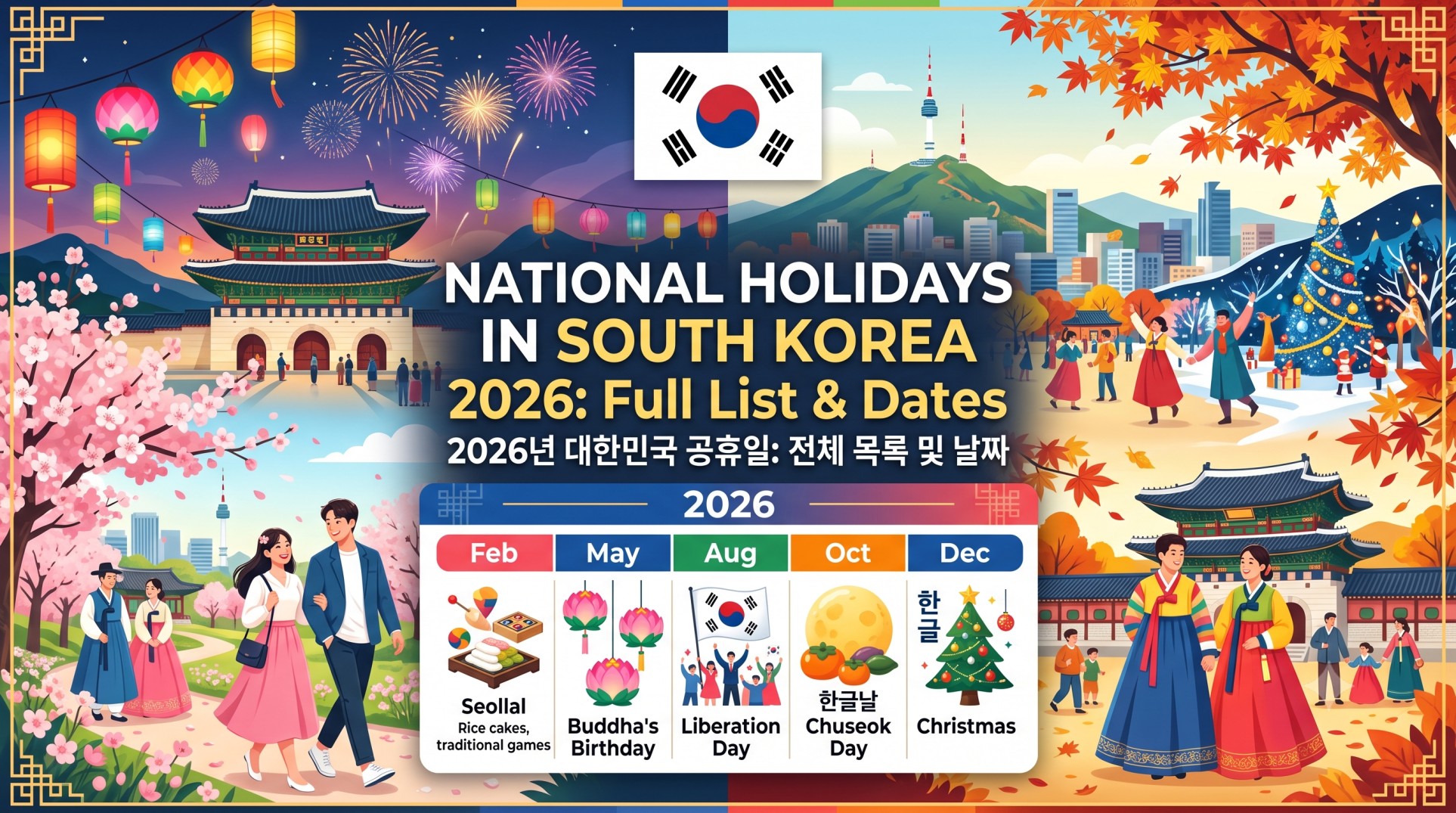 National Holidays in South Korea 2026: Full List, Dates & Travel Tips If you are planning to study, work, or travel in Korea, knowing the national holidays in South Korea is one of the most practical things you can do before you book a ticket or sign a lease. Offices, banks, government counters, and many restaurants close on these days. Trains sell out weeks in advance. Whole cities empty out, then refill within 48 hours. This guide covers every South Korea public holiday, the exact 2026 dates, the rules for substitute holidays, and the practical tips that Indian students and travelers actually need. It also explains what each Korean holiday means, so you understand the culture behind the day off and not only the date on the calendar. Quick answer: In 2026, the national holidays in South Korea are New Year's Day, Seollal (Lunar New Year), Independence Movement Day, Labor Day, Children's Day, Buddha's Birthday, Memorial Day, Constitution Day, Liberation Day, Chuseok, National Foundation Day, Hangeul Day, and Christmas. Several fall on weekends, so the government adds substitute days off. Table of Contents South Korea Public Holidays 2026 at a Glance What Is New in the South Korea Holiday Calendar for 2026 Complete List of National Holidays in South Korea Explained How Substitute Holidays Work in South Korea Seollal and Chuseok: The Two Biggest Korean Holidays Korean Holidays vs Indian Holidays: Key Differences Travel Tips for Visiting South Korea During National Holidays Holiday Guide for Indian Students in South Korea Working in South Korea: Holidays and Paid Leave Best Time to Visit South Korea Around the Holiday Calendar Frequently Asked Questions About South Korea National Holidays Final Thoughts South Korea Public Holidays 2026 at a Glance The table below is your quick South Korea holiday calendar for 2026. Lunar holidays such as Seollal, Buddha's Birthday, and Chuseok move every year, while solar holidays stay on fixed dates. Holiday Korean Name 2026 Date Type New Year's Day 신정 (Sinjeong) Thursday, January 1 Solar Seollal (Lunar New Year) 설날 February 16 to 18 Lunar, 3 days Independence Movement Day 삼일절 (Samiljeol) Sunday, March 1 (substitute: Monday, March 2) Solar Labor Day 노동절 Friday, May 1 Solar, new public holiday in 2026 Children's Day 어린이날 Tuesday, May 5 Solar Buddha's Birthday 부처님 오신 날 Sunday, May 24 (substitute: Monday, May 25) Lunar Local Election Day (one-off) 지방선거일 Wednesday, June 3 One-time Memorial Day 현충일 (Hyeonchung-il) Saturday, June 6 Solar Constitution Day 제헌절 (Jeheonjeol) Friday, July 17 Solar, reinstated in 2026 Liberation Day 광복절 (Gwangbokjeol) Saturday, August 15 (substitute: Monday, August 17) Solar Chuseok (Korean Thanksgiving) 추석 September 24 to 26 Lunar, 3 days National Foundation Day 개천절 (Gaecheonjeol) Saturday, October 3 (substitute: Monday, October 5) Solar Hangeul Day 한글날 Friday, October 9 Solar Christmas Day 성탄절 Friday, December 25 Solar Holiday rules can be updated by the Korean government. Always confirm final dates with official sources before booking time-sensitive travel. What Is New in the South Korea Holiday Calendar for 2026 2026 is an unusual year for Korean public holidays, and older blog posts and printed calendars are already out of date. Two changes matter most. Labor Day (May 1) is now a public holiday for everyone. Before 2026, May 1 was a paid day off mainly for employees covered by the Labor Standards Act. Civil servants and teachers, who fall outside that law, usually worked. From 2026, the day off applies much more broadly. Constitution Day (July 17) returned as a public holiday. It was removed from the official day-off list in 2008 when the five-day work week was introduced, and it stayed only as a commemorative day for 18 years. In 2026 it came back, which means all five of Korea's major national days (Independence Movement Day, Constitution Day, Liberation Day, National Foundation Day, and Hangeul Day) are now public holidays. The 2026 calendar also includes a one-off holiday on June 3 for the nationwide local elections. Complete List of National Holidays in South Korea Explained Here is what each holiday means, how Koreans observe it, and what it changes for you on the ground. New Year's Day (January 1) New Year's Day is the quiet cousin of Seollal. Koreans mark the solar new year with sunrise trips to the east coast, mostly to Jeongdongjin and Homigot, and many people eat tteokguk (rice cake soup) even though that dish traditionally belongs to Seollal. It is a single-day holiday, and it is one of only two holidays that do not receive a substitute day when they land on a weekend. Seollal: Korean Lunar New Year (February 16 to 18, 2026) Seollal is the biggest family holiday of the year. Families gather, perform ancestral rites (charye), wear hanbok, play games like yutnori, and children bow to elders to receive pocket money called sebaetdon. The holiday runs for three days, covering the day before, the day itself, and the day after. Seollal lands in the coldest part of winter, so if you are planning a trip around it, read our guide to the South Korea winter season for clothing, weather, and festival advice. In 2027, Seollal falls from February 6 to 9, including a substitute day. Independence Movement Day (March 1) Known as Samiljeol, this holiday commemorates the nationwide, peaceful protest against Japanese colonial rule that began on March 1, 1919. Ceremonies are held in Seoul, and the national flag (Taegukgi) is displayed from homes and public buildings. In 2026 the date fell on a Sunday, so Monday, March 2 became the substitute holiday. March also marks the start of the Korean academic year, so this holiday often lands in the first week of class for new students. If you are arriving in spring, our spring in South Korea guide explains the weather, cherry blossom timing, and what campus life looks like. Labor Day (May 1) Labor Day is the newest addition to the universal public holiday list. Before 2026 many public-sector employees worked through it. Now banks, schools, and government offices are far more likely to close. If you are planning to work in South Korea, this is a useful change to know about, since it adds a guaranteed day off to your yearly schedule. Children's Day (May 5) Children's Day, or Eorininal, began in 1922 when a group led by Bang Jeong-hwan declared a day to honor children's dignity and happiness. It became a public holiday in 1975. Parents take their kids to amusement parks, zoos, museums, and outdoor festivals, so popular attractions get very crowded. If you want to avoid the rush but still explore, browse our list of must-visit places in South Korea and pick lesser-known spots for that day. Buddha's Birthday (8th Day of the 4th Lunar Month) Buddha's Birthday, called Bucheonnim Osinnal, falls on May 24 in 2026 and May 13 in 2027. Temples across the country hang colorful lanterns, and Seoul hosts the Lotus Lantern Festival with a large evening parade. Many temples serve free vegetarian meals and offer temple experiences for visitors. To understand how Buddhism and other traditions shape daily life, explore our overview of K-culture. Memorial Day (June 6) Memorial Day, or Hyeonchung-il, honors soldiers and independence fighters who gave their lives for the country. At 10 a.m. a siren sounds nationwide, and people observe one minute of silence. The flag is flown at half-mast, and the main ceremony is held at the Seoul National Cemetery. It is a solemn day, not a festive one, so keep your behavior respectful in public spaces. For the history, customs, and etiquette in detail, read our full guide to Memorial Day in South Korea. Memorial Day is one of the two holidays that do not get a substitute day. In 2026 it fell on a Saturday, so no extra weekday off was added. Constitution Day (July 17) Constitution Day, or Jeheonjeol, marks the promulgation of the Republic of Korea's constitution on July 17, 1948. It was a public holiday from 1949, was dropped from the day-off list in 2008, and returned in 2026. The main ceremony is normally held in Seoul, close to the legislature. To learn how that institution works, see our guide to the National Assembly of South Korea, and for the wider picture of how the country is governed, read whether South Korea is a democracy. Liberation Day (August 15) Liberation Day, or Gwangbokjeol, celebrates the end of Japanese colonial rule in 1945 and the founding of the Korean government on the same date in 1948. The word Gwangbok means "restoration of light." The president delivers a speech, the flag is displayed everywhere, and the date is also a strong reminder that India and Korea share an independence day on August 15. If that connection interests you, read about the shared freedom history of South Korea and India, or explore the Gwangbokjeol guide for the ceremonies and history behind the day. In 2026 August 15 fell on a Saturday, so Monday, August 17 became the substitute holiday. Chuseok: Korean Thanksgiving (September 24 to 26, 2026) Chuseok, on the 15th day of the 8th lunar month, is the harvest festival and the second major family holiday. Families visit ancestral hometowns, honor ancestors, and share songpyeon (half-moon rice cakes), jeon (savory pancakes), and fresh fruit. The main day of Chuseok in 2026 was September 25, with the day before and after also off. In 2027 it runs from September 21 to 23. If you are planning a Chuseok trip in a future year, book travel early. Our guide to India to South Korea ticket prices covers how fares change around peak periods. If a Korean friend invites you home for the holiday, read up on K-manners first, especially gift-giving and table etiquette. National Foundation Day (October 3) National Foundation Day, or Gaecheonjeol, means "the day the heavens opened." It celebrates the legendary founding of the first Korean kingdom, Gojoseon, by Dangun, traditionally dated to 2333 BCE. Ceremonies take place at Mount Manisan on Ganghwa Island and in Seoul. In 2026 October 3 fell on a Saturday, so Monday, October 5 became the substitute holiday. To understand the modern political and cultural gap on the peninsula that grew from this shared history, see our guide to differences between South Korea and North Korea. Hangeul Day (October 9) Hangeul Day celebrates the promulgation of Hangeul, the Korean alphabet, by King Sejong the Great in 1446. Koreans take great pride in it because it was designed to be simple enough for anyone to learn. Museums, cultural centers, and universities run calligraphy workshops and exhibitions. For international students, it is also a good reminder to start learning the language, and our K-Courses page is a good place to begin. Christmas Day (December 25) Christmas is a public holiday in South Korea, and it feels more like a couples' and friends' day than a family one. Cities light up, cafes decorate heavily, and restaurants fill with reservations. If you spend December in Seoul, use our Seoul travel guide to plan neighborhoods, sights, and winter activities. How Substitute Holidays Work in South Korea A substitute holiday (daechae gonghyuil) gives you a weekday off when a public holiday lands on a weekend or overlaps another holiday. The rule applies to Seollal, Chuseok, Children's Day, Buddha's Birthday, Independence Movement Day, Liberation Day, National Foundation Day, Hangeul Day, and Christmas. New Year's Day and Memorial Day are excluded. In 2026 the substitute days were: Monday, March 2, replacing Independence Movement Day (Sunday, March 1) Monday, May 25, replacing Buddha's Birthday (Sunday, May 24) Monday, August 17, replacing Liberation Day (Saturday, August 15) Monday, October 5, replacing National Foundation Day (Saturday, October 3) For Seollal and Chuseok, a substitute day is granted mainly when the holiday overlaps a Sunday or another holiday. That is why Chuseok 2026, which ran Thursday to Saturday, did not receive an extra Monday. Substitute days create three-day weekends, and those weekends are the most popular times for domestic tourism. Expect full expressways and sold-out KTX seats. Seollal and Chuseok: The Two Biggest Korean Holidays These two holidays behave differently from every other day on the calendar, so they deserve a separate look. Transport is the main challenge. Millions of people travel to their hometowns at once. Intercity trains, express buses, and domestic flights can sell out within minutes of opening. Reserve four to six weeks ahead if you must travel. Cities go quiet. Seoul feels emptier than usual. Some small shops, traditional markets, and family restaurants close for one to three days. Convenience stores, large restaurants, department stores, and major tourist sites usually stay open, but check hours before you go. Expect a warm cultural moment. Hanbok appear on the streets, cultural performances are held at palaces and folk villages, and special food stalls appear. For visitors, this is one of the best times to experience Korean culture, as long as you plan transport and meals in advance. Prices move. Domestic flights, hotels in tourist areas like Jeju, and rental cars all rise in price. Hotels in Seoul itself can sometimes get cheaper, since many domestic visitors leave the city. Korean Holidays vs Indian Holidays: Key Differences Indian students and travelers often ask how the Korean calendar compares with what they know at home. Festivals of lights and colors are not public holidays. Diwali, Holi, and Eid are not national holidays in Korea. Indian communities in cities like Seoul and Busan often hold their own celebrations, but offices and classes run as normal. The lunar calendar is important in both countries. Like many Indian festivals, Seollal, Buddha's Birthday, and Chuseok move each year because they follow the lunar calendar. Independence Day shares a date. Both India and Korea celebrate national independence on August 15, although the historical stories are different. Korean holidays are family-centered and travel-heavy. Seollal and Chuseok involve a mass movement of people, similar in scale to travel before Diwali or Eid in India. Substitute days are a formal legal system. India has no equivalent rule that shifts a weekend holiday to a Monday, so this can surprise new arrivals. If you are still adjusting to the wider rhythm of daily life, our guide to life in South Korea for Indians and students covers food, transport, housing, and cultural habits. Travel Tips for Visiting South Korea During National Holidays A holiday can improve a trip or complicate it. These steps help you get the good version. Sort your paperwork first. Embassies, consulates, and immigration offices close on public holidays, so apply early. Read our guide to the South Korea visa for Indian passport holders so you do not run into a closure at the wrong moment. Book flights early. Peak holiday dates push fares up. Compare routes and timing before you buy. Book accommodation early too. Hotels near major sights and on Jeju fill quickly. Our South Korea hotel booking guide explains what to look for, and budget travelers can check our South Korea guest house guide. Carry cash and a card. Traditional markets and small shops sometimes prefer cash. Learn the basics of the currency of South Korea before you land. Build a flexible itinerary. Use our 7-day South Korea itinerary as a base, then swap in indoor stops if a holiday crowd is too heavy at an outdoor site. Check opening hours. Museums, palaces, and small restaurants may change their schedules on holidays. Use convenience stores as a backup. They stay open almost everywhere and sell hot meals, drinks, and basic supplies. Holiday Guide for Indian Students in South Korea If you study in Korea, the holiday calendar affects more than your free time. Classes and exams. Universities plan their calendars around national holidays. Seollal falls during winter break at most schools, while Chuseok usually lands in the middle of the autumn semester, often with a longer break around it. Check your academic calendar every semester. Dormitories and cafeterias. Some dorms limit services and campus cafeterias close during Seollal and Chuseok. Stock up on food and basic supplies a few days early. Administrative deadlines. Visa extensions, alien registration, banking tasks, and health insurance matters all depend on government and bank offices, which close on public holidays. Never leave these to the last day before a long weekend. Make the most of the breaks. Long weekends are a good opportunity to travel domestically, join university cultural programs, or take a Korean language class. Many international student groups arrange trips together during Chuseok. Start with the basics. If you are still deciding where and how to study, read our guide on how to study in South Korea as an Indian student, and explore our student life section for housing, budgeting, and campus advice. Working in South Korea: Holidays and Paid Leave If you plan to work in Korea, national holidays are part of your total time off. Public holidays are separate from annual paid leave, and rules can differ between workplaces, so read your contract carefully. Employees in shift-based jobs, delivery, and some service sectors may still work on certain public holidays and receive premium pay or a substitute rest day according to their agreement. The 2026 changes to Labor Day and Constitution Day broadened the set of people who receive days off. For a wider view of careers, contracts, and visas, see our guide to working in South Korea. Best Time to Visit South Korea Around the Holiday Calendar Whether you want quiet streets or a festival atmosphere, the holiday calendar can guide your travel dates. For culture and festivals: Visit during Buddha's Birthday for lantern displays, Hangeul Day for language events, or Seollal and Chuseok for traditional performances. For low crowds and lower prices: Avoid Children's Day weekend, Chuseok travel days, and the three-day weekends created by substitute holidays. For seasonal scenery: Spring brings cherry blossoms near March 1 and Children's Day, while autumn brings foliage around Chuseok, Foundation Day, and Hangeul Day. Frequently Asked Questions About South Korea National Holidays How many national holidays does South Korea have? South Korea has more than a dozen recurring public holidays each year, including the multi-day Seollal and Chuseok periods. The exact number of days off changes annually because substitute holidays and one-off days, such as election days, are added depending on the calendar. In 2026, Labor Day and Constitution Day joined the public holiday list. What are the biggest holidays in South Korea? Seollal (Lunar New Year) and Chuseok (Korean Thanksgiving) are the biggest. Both last three days, involve family gatherings and ancestral rites, and cause the largest travel rush of the year. When is Chuseok in 2026 and 2027? Chuseok 2026 ran from September 24 to 26, with the main day on September 25. In 2027 it runs from September 21 to 23. When is Seollal in 2026 and 2027? Seollal 2026 was February 16 to 18. In 2027 it runs from February 6 to 9, including a substitute holiday. Is Labor Day a public holiday in South Korea? Yes. From 2026, Labor Day on May 1 is a public holiday for everyone, including civil servants and teachers who did not always receive the day off before. Is Constitution Day a public holiday in South Korea? Yes. Constitution Day on July 17 was reinstated as a public holiday in 2026 after being removed from the day-off list in 2008. Which Korean holidays get substitute days? Seollal, Chuseok, Children's Day, Buddha's Birthday, Independence Movement Day, Liberation Day, National Foundation Day, Hangeul Day, and Christmas. New Year's Day and Memorial Day do not. Are shops and restaurants open on Korean public holidays? Most convenience stores, department stores, large restaurants, and tourist attractions stay open. On Seollal and Chuseok, many small shops, traditional markets, and family-run restaurants close for one to three days, so plan meals ahead. Is Diwali a public holiday in South Korea? No. Diwali, Holi, and Eid are not national holidays in Korea. Indian communities often celebrate privately or in community events. Should I travel to South Korea during Chuseok or Seollal? You can, but book flights, trains, and hotels well ahead, expect some closures, and treat it as a cultural experience instead of a normal sightseeing week. If you prefer quiet, efficient travel, avoid the three days around each holiday. Do government offices and immigration offices close on national holidays? Yes. Government offices, banks, and visa-related counters generally close on public holidays, so schedule visa, residence card, and bank tasks on regular working days. Final Thoughts The national holidays in South Korea are more than days off. They are a window into the country's history, family values, and seasons. Knowing the dates helps you avoid closures, get better fares, and join celebrations you would otherwise miss. With Labor Day and Constitution Day now added to the calendar and substitute days creating several long weekends, 2026 is a good year to build the calendar into your plans early. Whether you are applying for a student visa, planning your first trip, or preparing to move for work, start with the fundamentals and build outward. Explore the Study in South Korea homepage for more guides, or contact our team if you want personal help planning your move.