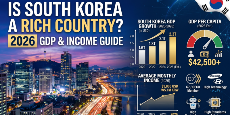 Is South Korea a Rich Country? Complete 2026 Guide to GDP, Income and Living Standards So, is South Korea a rich country? In short, yes — South Korea is officially classed as a high-income, developed economy, with a GDP per capita well above the global average and a standard of living that rivals most of Western Europe. But the full answer is more layered than a single yes or no, and if you're weighing studying in South Korea after 12th, planning a move, or just curious about how Korea built its wealth, it helps to look at the actual numbers behind the headline. This guide breaks down where South Korea sits on global GDP rankings, how its per-capita income compares to India and other nations, the history behind its rapid economic rise, and the inequality that complicates the "rich country" label. By the end, you'll have a complete, data-backed picture of exactly how wealthy South Korea is in 2026 — and what that wealth actually looks like on the ground. Is South Korea a Rich Country? The Quick Answer Yes. South Korea is recognised by the IMF, World Bank, and OECD as a high-income, advanced economy. It has been an OECD member since 1996, ranks among the world's top 15 economies by nominal GDP, and posts a GDP per capita above USD 36,000 — nearly three times the global average. Seoul is a global financial and technology hub, and Korean brands like Samsung, Hyundai, and LG rank among the most valuable companies on earth. That said, "rich" isn't the same as "evenly wealthy." South Korea also has one of the highest relative poverty rates among OECD nations and a widening wealth gap, so the country's prosperity is real but unevenly distributed. The sections below unpack both sides. South Korea's GDP and Global Economic Ranking in 2026 South Korea's nominal GDP sits at roughly USD 1.9 trillion, placing it among the world's 13th to 15th largest economies depending on the year and measurement source. On a purchasing power parity (PPP) basis — which adjusts for the real cost of goods and services in a country — Korea's economy is even larger, reflecting how far its income actually stretches domestically. Metric South Korea (2026 est.) Global Standing Nominal GDP ~USD 1.9 trillion 13th–15th largest economy GDP Per Capita (Nominal) ~USD 36,000–37,000 Top 25–30 worldwide GDP Per Capita (PPP) ~USD 55,000–61,000 Top 30 worldwide OECD Membership Since 1996 High-income economy Population ~51.8 million 28th largest This scale of output didn't happen by accident. South Korea's economy is built on a small number of export-heavy sectors — semiconductors, shipbuilding, automobiles, and consumer electronics — that punch far above what the country's land area or natural resources would suggest. Korea has almost no oil or major mineral reserves, which makes its wealth almost entirely a product of manufacturing, technology, and human capital rather than resource extraction. South Korea GDP Per Capita: How Rich Is the Average Korean? GDP per capita is usually the more honest measure of "how rich" a country feels to live in, since total GDP can be inflated simply by population size. South Korea's GDP per capita has climbed from under a hundred dollars in the 1960s to well over USD 36,000 today, and it's projected to edge closer to USD 37,000 by the end of 2026. For context, that figure is roughly 2.8 to 3 times the world average. On a purchasing power parity basis, where the number accounts for local prices rather than raw currency conversion, the figure rises even further, which is one reason cost of living conversations — like our breakdown of cost of living in South Korea per month — matter as much as the raw income figure when judging affordability. If you're comparing this to take-home pay rather than macro statistics, our guide to average salary in South Korea per month and the separate look at South Korea's median income and earning potential go deeper into what a "rich" economy actually pays real workers by industry and experience level. From One of Asia's Poorest Nations to a Global Economic Power South Korea's wealth is a genuinely remarkable turnaround story, often called the "Miracle on the Han River." At the end of the Korean War in the early 1950s, South Korea was one of the poorest countries on the planet — poorer, by some estimates, than several Sub-Saharan African nations at the time. Roughly half of its manufacturing base and most of its railway infrastructure had been destroyed. What followed was decades of aggressive industrial policy: state-directed investment into steel, shipbuilding, electronics, and automobiles; heavy investment in universal education; and export-focused conglomerates known as chaebols (Samsung, Hyundai, LG, SK) that grew into global giants. By the 1990s, South Korea had joined the ranks of the "Asian Tigers," and it crossed the USD 1 trillion GDP mark in 2004. 1960s: Among the poorest nations globally, with per-capita income under USD 100 1970s–1980s: Rapid industrialisation driven by state-backed manufacturing and exports 1997–1998: Asian financial crisis tests the economy, followed by reform and recovery 1996: South Korea joins the OECD, formally recognised as a high-income economy 2004: GDP crosses the USD 1 trillion mark for the first time 2020s: Consolidates position among the world's top 15 economies, led by semiconductors and technology exports This growth trajectory is closely tied to the question of whether South Korea is a developed or developing country — by every standard economic classification, it firmly crossed that line decades ago. What Makes South Korea Rich: The Industries Behind the Wealth South Korea's prosperity rests on a concentrated set of high-value export industries rather than broad-based resource wealth. Understanding these sectors explains why the country's wealth is both large and, at times, fragile. Semiconductors and Technology Samsung and SK Hynix together control a dominant share of the global memory chip market, making semiconductors South Korea's single largest export category and a critical piece of the global electronics supply chain. Automobiles and Shipbuilding Hyundai-Kia is one of the world's largest automakers, and Korean shipyards build a significant share of the planet's large commercial vessels, from container ships to LNG carriers. Cultural Exports (Hallyu) K-pop, Korean film and television, and Korean beauty products have become a genuine soft-power export industry, adding billions in revenue and, just as importantly, global brand value that supports tourism, education demand, and consumer exports. Education and Human Capital Korea invests heavily in education, producing one of the most credentialed workforces in the world. This is part of why the country climbed the value chain from cheap manufacturing to high-end technology within a single generation. South Korea vs Other Wealthy Nations: How Does It Compare? Placing South Korea alongside other recognised high-income economies helps put its wealth in perspective. It isn't at the very top of the global rich list, but it comfortably clears the bar most economists use to define a rich, developed nation. Country GDP Per Capita (approx., PPP) Classification United States ~USD 85,000 High-income / developed United Kingdom ~USD 58,000 High-income / developed South Korea ~USD 55,000–61,000 High-income / developed Italy ~USD 58,000 High-income / developed India ~USD 11,000 Developing / emerging Korea's per-capita income has, on several measures, overtaken countries like Italy and sits close to the United Kingdom. For readers comparing this to home currency value directly, our South Korea vs Indian currency exchange guide breaks down exactly how far the Korean won stretches against the Indian rupee. The Other Side: Inequality Behind South Korea's Wealth A country can be statistically rich while a large share of its population doesn't feel wealthy, and South Korea is a clear example of this tension. Despite its high average income, South Korea has recorded one of the highest relative poverty rates among OECD member states in recent years, with a notable share of the population — particularly older citizens — living below the relative poverty line. Wealth is also geographically concentrated. Property values and income are disproportionately clustered in Seoul and districts like Gangnam, while rural and post-industrial regions have grown more slowly. Real estate prices in the capital have pushed home ownership out of reach for many younger Koreans, feeding into what's sometimes referred to locally as "Hell Joseon" — a phrase capturing frustration with rigid corporate hierarchies, intense competition, and limited social mobility despite the country's overall wealth. South Korea's fertility rate, among the lowest in the world, is frequently linked by economists and sociologists to exactly this pressure: high living costs, demanding work culture, and economic anxiety even within a wealthy economy. So while the numbers say South Korea is unambiguously rich on paper, day-to-day life in South Korea can feel considerably more competitive and cost-sensitive than the GDP headline suggests, especially in Seoul. Human Development and Living Standards GDP alone doesn't capture quality of life, which is why organisations like the UN also track the Human Development Index (HDI), combining income with education and life expectancy. South Korea consistently scores in the "very high human development" category, reflecting strong healthcare access, near-universal literacy, and long life expectancy alongside its income figures. Our detailed look at the Human Development Index of South Korea breaks these components down individually. In practical terms, this means South Korea combines high income with strong public infrastructure: extensive high-speed rail, near-universal broadband and mobile connectivity, a well-regarded public healthcare system, and one of the highest tertiary education enrolment rates in the world. How Global Institutions Classify a "Rich" Country Economists don't rely on a single number to decide whether a country is rich. The World Bank uses Gross National Income (GNI) per capita bands to sort countries into low-income, lower-middle-income, upper-middle-income, and high-income categories, with high-income status currently starting above roughly USD 14,000 GNI per capita. South Korea's GNI per capita sits well above that threshold, comfortably inside the high-income bracket alongside Western Europe, North America, Japan, and Australia. The IMF and OECD apply similar logic through their "advanced economy" classification, which weighs not just income but also market development, financial infrastructure, and integration into global trade. South Korea meets all three criteria: it has deep, liquid capital markets, a highly globalised export sector, and manufacturing and technology industries that are deeply embedded in international supply chains. This is why, unlike some high-GDP oil-exporting nations that fail the "advanced economy" test, South Korea passes every major definition of what it means to be a rich country. Savings, Reserves and Financial Strength A country's wealth isn't only measured by income — its financial resilience matters too. South Korea holds one of the largest stockpiles of foreign exchange reserves in the world, a cushion built up partly in response to the lessons of the 1997–1998 Asian financial crisis, when a shortage of foreign currency reserves nearly crippled the economy. Korea also has one of the highest gross national savings rates among OECD countries, meaning households and businesses set aside an unusually large share of income rather than spending it immediately. This combination of strong reserves, high savings, and a current account that runs in surplus most years gives South Korea's economy a level of stability that pure GDP figures don't fully capture. It's one of the quieter reasons credit rating agencies consistently rate Korean sovereign debt highly, even during periods of global financial stress. Consumer Wealth: What Rich Actually Looks Like Day to Day Beyond macroeconomic statistics, South Korea's wealth is visible in everyday consumer infrastructure. The country has some of the fastest average internet speeds in the world, near-universal smartphone penetration, and a high-speed rail network (KTX) connecting major cities in a fraction of the time equivalent trips would take elsewhere. Retail and dining scenes in cities like Seoul and Busan rival any major global capital, and 24-hour convenience culture, extensive public transit, and widespread digital payment adoption are all hallmarks of a genuinely high-income consumer economy rather than just a high-income statistic. At the same time, this consumer wealth sits alongside genuinely high living costs. Housing in Seoul in particular has become one of the more expensive property markets in Asia relative to income, which is a major reason the inequality conversation above matters just as much as the GDP figures when judging what "rich" really means for an ordinary resident. Is South Korea Rich Enough to Be Worth Moving to or Studying In? For Indian students and professionals specifically, the relevant question usually isn't "is Korea rich" in the abstract, but whether that wealth translates into opportunity. It generally does: Korea's high-income economy funds well-resourced universities, strong scholarship programmes, and demand for skilled foreign talent in technology, engineering, and research. If you're exploring this path, see our guides on universities in South Korea for international students and how to study in South Korea as an Indian student for the practical side of turning Korea's economic strength into a personal opportunity. Frequently Asked Questions Is South Korea richer than India? Yes, by a wide margin on a per-capita basis. South Korea's GDP per capita (PPP) is roughly five times higher than India's, reflecting decades of industrialisation and export-led growth. India's total economy is larger due to its much bigger population, but average income per person is far higher in Korea. Is South Korea a developed or developing country? South Korea is classified as a developed, high-income country by the IMF, World Bank, and OECD, of which it has been a member since 1996. What is South Korea's GDP per capita in 2026? South Korea's nominal GDP per capita is approximately USD 36,000–37,000, rising to roughly USD 55,000–61,000 when adjusted for purchasing power parity. Why is South Korea rich despite having few natural resources? South Korea's wealth comes almost entirely from manufacturing, technology exports, and human capital rather than natural resources. Decades of investment in education, export-focused industrial policy, and globally competitive companies in semiconductors, shipbuilding, and automobiles built the economy from the ground up. Is South Korea a rich or poor country today? South Korea is a rich country by every standard macroeconomic measure, though it also has notable income inequality and a high relative poverty rate among older citizens, so wealth is not evenly distributed across the population. Conclusion: So, Is South Korea a Rich Country? On every major economic benchmark — GDP size, GDP per capita, OECD membership, and human development indicators — South Korea is a rich, developed nation, and one of the most striking economic growth stories of the past century. It transformed from post-war poverty into a global technology and manufacturing powerhouse in roughly two generations. At the same time, that wealth isn't shared evenly, and cost of living, housing prices, and inequality remain real challenges within the country. Understanding both sides — the macro numbers and the lived experience — gives the fullest, most accurate answer to whether South Korea is truly rich.